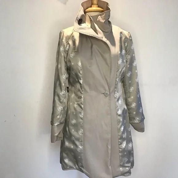 Guess Y2K VTG gray double breasted funnel neck belted skirt rain trenchcoat M - Picture 4 of 11